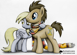 Size: 1000x716 | Tagged: safe, artist:rockingscorpion, derpy hooves, doctor whooves, time turner, pony, g4, slice of life (episode), clothes, fourth doctor's scarf, male, scarf, scene interpretation, stallion, striped scarf