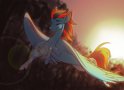 Size: 4133x3000 | Tagged: safe, artist:probablyfakeblonde, oc, oc only, oc:andrew swiftwing, pegasus, pony, eyes closed, flying, forest, happy, male, solo, stallion, sunset, tree