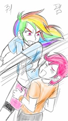 Size: 720x1280 | Tagged: safe, artist:asdf314159265, rainbow dash, scootaloo, human, equestria girls, g4, abuse, bully, bullying, child abuse, cruel, duo, duo female, female, hitting, humanized, op is a duck, op is trying to start shit, out of character, punch, punishment, rude, scootabuse, shitposting