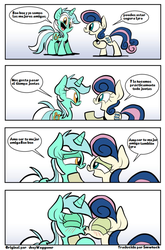 Size: 725x1101 | Tagged: safe, artist:joeywaggoner, bon bon, lyra heartstrings, sweetie drops, g4, 4koma, comic, female, lesbian, ship:lyrabon, shipping, spanish, translation