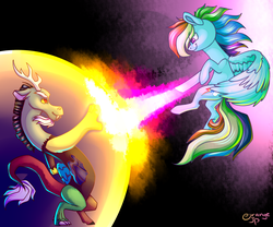 Size: 3000x2500 | Tagged: safe, artist:pellsya, discord, rainbow dash, g4, duo, force field, high res, magic