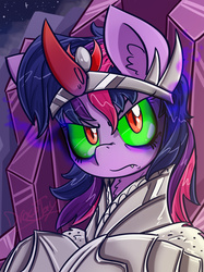 Size: 1280x1707 | Tagged: safe, artist:dracojayproduct, twilight sparkle, pony, unicorn, g4, armor, bevor, boots, colored horn, corrupted, crown, crystal, curved horn, dark crystal, dark magic, female, horn, jewelry, magic, mare, regalia, shoes, solo, sombra eyes, sombra horn, sombra's robe, tyrant sparkle