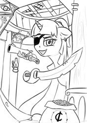 Size: 724x1024 | Tagged: safe, artist:bis'9, oc, oc only, eyepatch, gun, money, monochrome, pirate, saber, ship, sketch, solo, sword