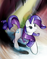 Size: 1600x2000 | Tagged: safe, artist:ruby, rarity, pony, unicorn, g4, cave, female, looking up, raised hoof, solo, stalactite, water