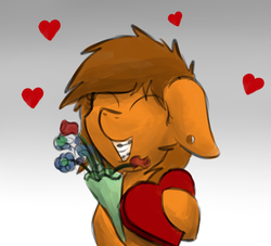 Size: 1280x1163 | Tagged: safe, artist:marsminer, oc, oc only, oc:venus spring, box of chocolates, braces, flower, heart, smiling, solo, venus spring actually having a pretty good time