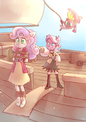 Size: 2893x4092 | Tagged: safe, artist:sony-shock, diamond tiara, spike, sweetie belle, dragon, equestria girls, g4, action pose, cannon, clothes, damsel in distress, female, male, missing shoes, peril, pirate, pirate ship, plank, ponied up, pony ears, rope, ship:spikebelle, shipping, socks, story in the source, straight, sword, tied up, walking the plank