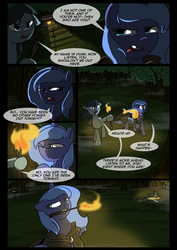 Size: 1240x1754 | Tagged: safe, artist:lunarcakez, princess luna, oc, oc:dusk, comic:the origins of hollow shades, g4, comic, night, torch, younger