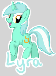 Size: 4808x6537 | Tagged: safe, artist:velocityraptor, lyra heartstrings, pony, unicorn, g4, absurd resolution, female, gray background, mare, open mouth, raised hoof, simple background, smiling, solo