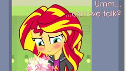 Size: 1920x1080 | Tagged: safe, edit, screencap, sunset shimmer, equestria girls, g4, blushing, cute, flower, image macro, lily (flower), meme, mystery date, offscreen character, photoshop, shimmerbetes, shipping, shy
