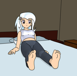 Size: 1350x1337 | Tagged: safe, artist:leet4tango, trixie, human, g4, barefoot, feet, female, foot fetish, foot focus, human coloration, humanized, soles, solo, toes