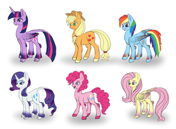 Size: 2552x1864 | Tagged: safe, artist:9de-light6, applejack, fluttershy, pinkie pie, rainbow dash, rarity, twilight sparkle, alicorn, classical unicorn, pony, g4, alternate design, female, horn, leonine tail, mane six, mare, tail feathers, twilight sparkle (alicorn)