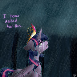 Size: 1000x1000 | Tagged: safe, artist:peaceouttopizza23, twilight sparkle, alicorn, pony, g4, alicorn drama, crown, crying, drama, female, i never asked for this, immortality blues, mare, rain, solo, truth, twilight sparkle (alicorn), twilight will outlive her friends