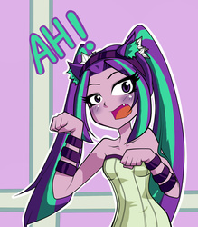 Size: 1399x1600 | Tagged: safe, artist:nekojackun, aria blaze, equestria girls, g4, aria flat, bare shoulders, behaving like a cat, blushing, delicious flat chest, dialogue, fake ears, fangs, female, looking at you, nya, open mouth, sleeveless, solo, strapless, tube top, wide eyes