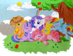 Size: 2359x1821 | Tagged: safe, artist:thorinstrawberry, applejack, fluttershy, pinkie pie, rainbow dash, rarity, twilight sparkle, g4, filly, mane six, younger