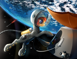 Size: 1568x1200 | Tagged: safe, artist:scootiebloom, oc, oc only, oc:silent hoofstep, earth pony, pony, astronaut, cable, cables, earth, electronics, equus, eva, female, floating, glasses, mare, satellite, solo, space, spacesuit, spacewalk, tether, wires, zero gravity