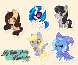 Size: 700x586 | Tagged: safe, artist:trefleix, derpy hooves, dj pon-3, octavia melody, trixie, vinyl scratch, oc, oc:chocolatine, pegasus, pony, g4, female, keychain, mare, muffin, tongue out