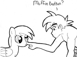 Size: 1602x1170 | Tagged: safe, artist:anagha777, derpy hooves, pegasus, pony, g4, boop, crossover, cute, derp, dragon ball, dragon ball z, dragonball z abridged, female, mare, monochrome, muffin, muffin button, son goku, team four star