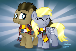 Size: 1280x853 | Tagged: safe, artist:aleximusprime, derpy hooves, doctor whooves, time turner, earth pony, pony, g4, slice of life (episode), clothes, fourth doctor's scarf, male, scarf, ship:doctorderpy, shipping, stallion, straight, striped scarf