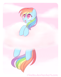 Size: 604x764 | Tagged: safe, artist:riouku, rainbow dash, pony, g4, cloud, cloudy, cute, dashabetes, female, mare, open mouth, pink cloud, solo, wingding eyes