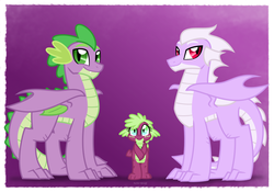 Size: 1000x700 | Tagged: safe, artist:faith-wolff, spike, oc, oc:aquamarine, oc:huffy, g4, canon x oc, family, family photo, offspring, older, parent:oc:huffy, parent:spike, parents:canon x oc, shipping