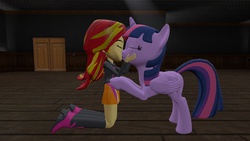 Size: 1360x768 | Tagged: safe, artist:mk513, sunset shimmer, twilight sparkle, human, equestria girls, g4, 3d, female, gmod, humanized human on pony action, interspecies, kissing, lesbian, ship:sunsetsparkle, shipping, twilight sparkle (alicorn)