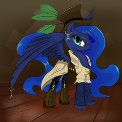 Size: 800x800 | Tagged: safe, artist:[redacted], princess luna, g4, clothes, earring, female, hat, monocle, monocle and top hat, piercing, solo, steampunk, stockings, top hat