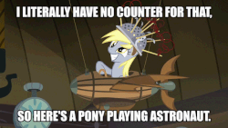 Size: 640x360 | Tagged: safe, screencap, derpy hooves, pegasus, pony, g4, slice of life (episode), animated, colander, derpy being derpy, female, flying machine, image macro, mare, meme, muffin 1, reaction image, solo