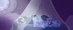 Size: 900x378 | Tagged: safe, artist:fallingrain22, princess luna, alicorn, pony, g4, bed, despair, female, filly, foreshadowing, moon, sad, solo, stars, woona, younger