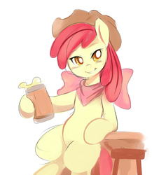 Size: 750x866 | Tagged: safe, artist:ende26, apple bloom, g4, alcohol, cider, drink, female, food, grin, hat, looking at you, mug, smiling, solo