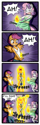 Size: 1122x3496 | Tagged: safe, artist:anibaruthecat, apple bloom, scootaloo, sweetie belle, earth pony, pegasus, unicorn, anthro, apple bloomers, comic:fetish escalation, g4, ..., 4koma, armpits, assisted exposure, bad idea, bandeau, belly button, breasts, busty apple bloom, busty scootaloo, busty sweetie belle, choker, cleavage, clothes, comic, crying, cutie mark crusaders, dialogue, dress, eyes closed, female, fire, frown, gloves, japanese, midriff, older, on fire, scared, short dress, shorts, smiling, smirk, socks, speech bubble, sweat, tank top, thigh highs, this is fine, this will end in incineration, this will end in pain, this will end in tears and/or death, this will not end well, wavy mouth