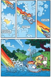 Size: 590x899 | Tagged: safe, artist:jay fosgitt, idw, angel bunny, fluttershy, rainbow dash, friends forever #18, g4, my little pony: friends forever, spoiler:comic, cloud, cloudy, flying, frown, preview, splashing, spread wings, umbrella, water