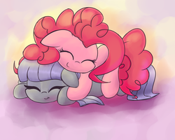 Size: 2000x1600 | Tagged: safe, artist:zapplebow, maud pie, pinkie pie, earth pony, pony, g4, :t, cuddling, cute, diabetes, diapinkes, duo, eyes closed, female, filly, floppy ears, hug, maudabetes, on top, prone, sisters, sleeping, smiling, snuggling, weapons-grade cute, when she smiles, younger