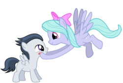 Size: 1600x1087 | Tagged: safe, artist:rozyfly10, flitter, rumble, pegasus, pony, g4, blushing, bow, colt, cute, daaaaaaaaaaaw, duo, duo male and female, female, flitterbetes, flying, foal, hair bow, hooves on cheeks, looking at each other, looking at someone, male, mare, rumblebetes, ship:flitterumble, shipping, simple background, smiling, smiling at each other, spread wings, squishy cheeks, straight, straight shota, transparent background, vector, wholesome, wings