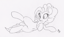 Size: 1000x584 | Tagged: safe, artist:dfectivedvice, pinkie pie, earth pony, pony, g4, belly button, female, grayscale, monochrome, simple background, solo, traditional art