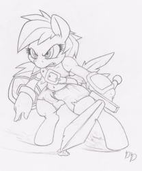 Size: 832x1000 | Tagged: safe, artist:dfectivedvice, rainbow dash, anthro, g4, belly button, female, grayscale, hoof fingers, midriff, monochrome, simple background, solo, sword, traditional art