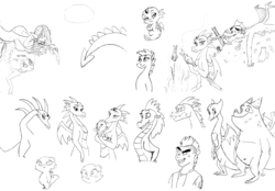 Size: 1000x697 | Tagged: safe, artist:queencold, clump, fizzle, garble, oc, oc:frazzle, oc:jade (queencold), dragon, fish, human, sea serpent, g4, baby dragon, black and white, dragon oc, dragoness, fire, flower, grayscale, hoard, humanized, monochrome, mother and son, offspring, pregnant, simple background, sketch, sketch dump, teenaged dragon, water, white background