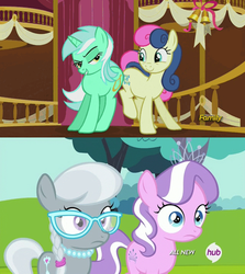 Size: 500x560 | Tagged: safe, screencap, bon bon, diamond tiara, lyra heartstrings, silver spoon, sweetie drops, earth pony, pony, unicorn, g4, slice of life (episode), twilight time, butt bump, butt to butt, butt touch, comparison, female, filly, foal, implied lesbian, just friends, mare, tree