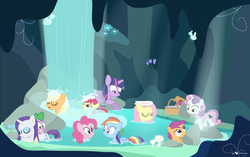 Size: 1000x627 | Tagged: safe, artist:dm29, apple bloom, applejack, fluttershy, pinkie pie, rainbow dash, rarity, scootaloo, spike, sweetie belle, twilight sparkle, alicorn, dragon, earth pony, pegasus, pony, unicorn, g4, cave, clothes, cutie mark crusaders, eyes closed, female, freckles, mane seven, mane six, mare, one eye closed, one-piece swimsuit, swimsuit, twilight sparkle (alicorn), waterfall, wet, wet mane, wet mane rarity