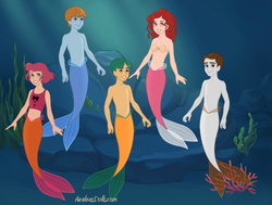 Size: 820x620 | Tagged: safe, artist:aotearoa-geek13, babs seed, featherweight, snails, snips, twist, human, merboy, mermaid, merman, g4, belly button, clothes, humanized, male, mermaid maker, mermaidized, mermanized, midriff, seashell, species swap, topless