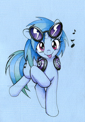 Size: 555x797 | Tagged: safe, artist:miszasta, dj pon-3, vinyl scratch, pony, unicorn, g4, :p, cute, female, headphones, looking at you, mare, solo, sunglasses, tongue out, traditional art, vinylbetes