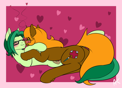 Size: 2040x1467 | Tagged: safe, artist:appelknekten, oc, oc only, oc:appel, oc:lily cureheart, pony, appelskylar, blushing, boop, female, glasses, heart, hug, male, mare, noseboop, romantic, snuggling, stallion