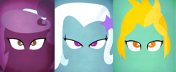 Size: 2642x1080 | Tagged: safe, artist:alexandru1208, lightning dust, suri polomare, trixie, equestria girls, g4, female, looking at you, minimalist, vector, wallpaper