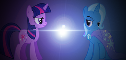 Size: 1600x768 | Tagged: safe, artist:ponycommans, trixie, twilight sparkle, pony, unicorn, g4, female, lens flare, mare, rivalry, simple, vector, wallpaper