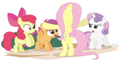 Size: 910x455 | Tagged: safe, artist:dm29, apple bloom, fluttershy, scootaloo, sweetie belle, pegasus, pony, unicorn, velociraptor, g4, angry, bipedal, blank flank, butt, cutie mark crusaders, derp, female, filly, frown, glare, hooves out, jurassic world, mare, open mouth, parody, plot, prattkeeping, raised hoof, rearing, simple background, smiling, smirk, spread wings, transparent background, wat, wings