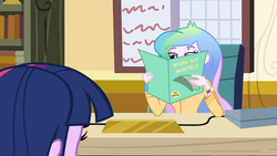 Size: 1366x768 | Tagged: safe, edit, screencap, princess celestia, principal celestia, twilight sparkle, equestria girls, g4, /mlp/, beanie, celestia's folder, celestia's office, folder, hat, implied normal norman, magazine, meme