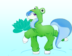 Size: 1013x799 | Tagged: safe, artist:monon0, waterlily (g2), earth pony, pony, g2, blush lines, blushing, clothes, costume, female, frog costume, kigurumi, lidded eyes, looking at you, mare, pixiv, raised hoof, raised leg, solo, standing on two hooves, tail, unshorn fetlocks, walking on water, water, waterlily