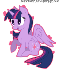 Size: 1280x1550 | Tagged: safe, artist:fonypony, artist:stepandy, twilight sparkle, alicorn, pony, g4, female, mare, sitting, smiling, solo, spread wings, twilight sparkle (alicorn), wing fluff