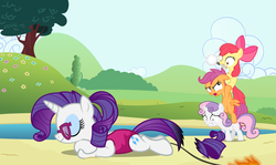 Size: 4929x2935 | Tagged: safe, artist:zacatron94, apple bloom, rarity, scootaloo, sweetie belle, earth pony, pegasus, pony, unicorn, g4, beach, bipedal, burned, clothes, cutie mark crusaders, eyes closed, female, filly, fire, foal, glasses, imminent death, imminent violence, magnifying glass, mare, mouth hold, now you fucked up, one-piece swimsuit, show accurate, sleeping, swimsuit, this will end in pain, this will end in tears, this will end in tears and/or death, this will end in tears and/or death and/or covered in tree sap, this will not end well, tower of pony, tree sap and pine needles, you dun goofed