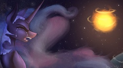 Size: 1600x891 | Tagged: safe, artist:petrinox, nightmare moon, g4, crying, female, solo, space, sun