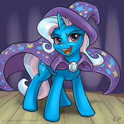 Size: 1500x1500 | Tagged: safe, artist:kp-shadowsquirrel, trixie, pony, unicorn, g4, cape, clothes, curtains, female, hat, mare, open mouth, signature, solo, stage, trixie's cape, trixie's hat